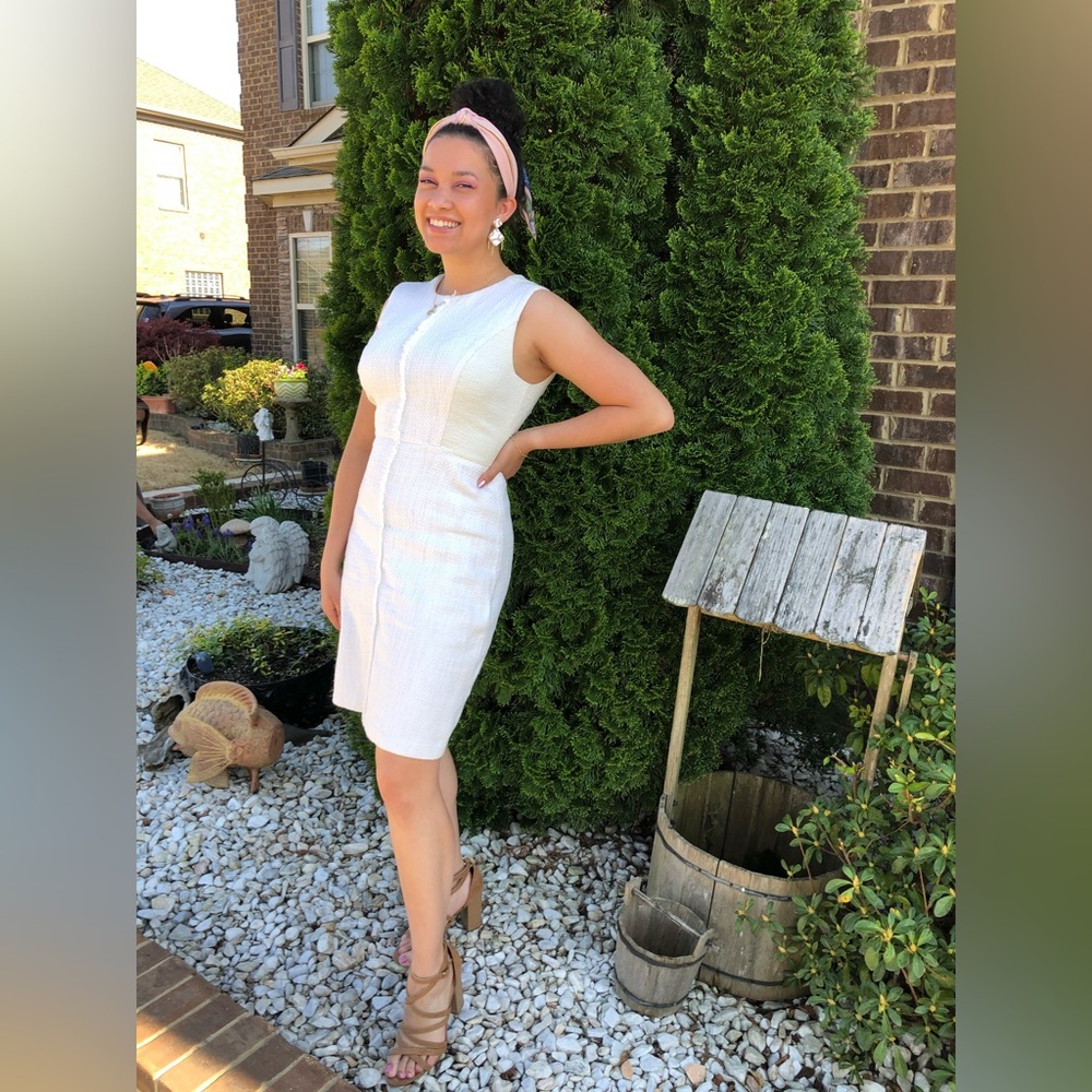 Ann Taylor Petite Ivory Sheath Tweed Dress
